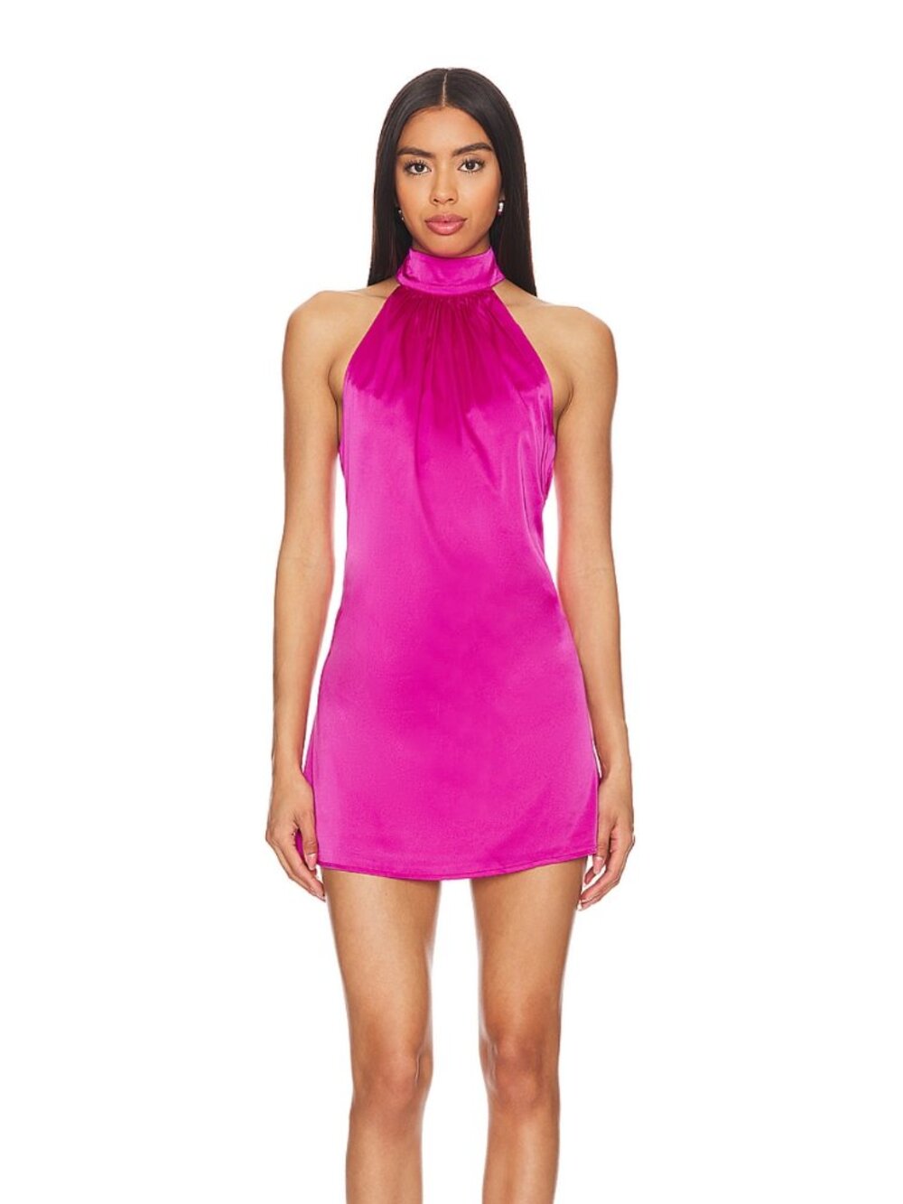NEW MORE TO COME Rita Mini Dress in Hot Pink Fuchsia Satin Halter Cocktail Small